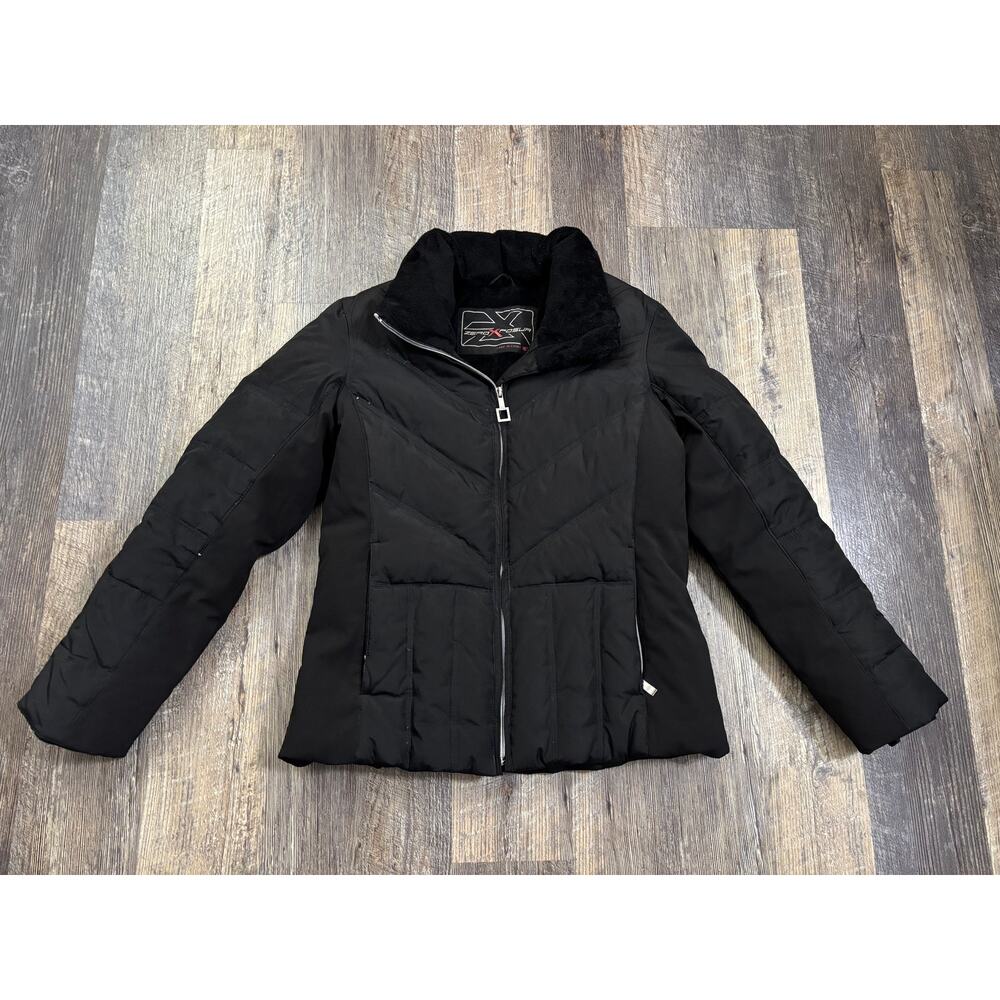 ZeroXposur Womens Black Down Feather Puffer Jacket Faux Fur Collar Medium